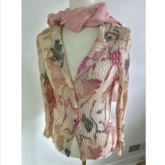 Komarov Blush Pink Crinkle Pleated Blouse Velvet Floral Burnout Plaque Romantic - Picture 9 of 16